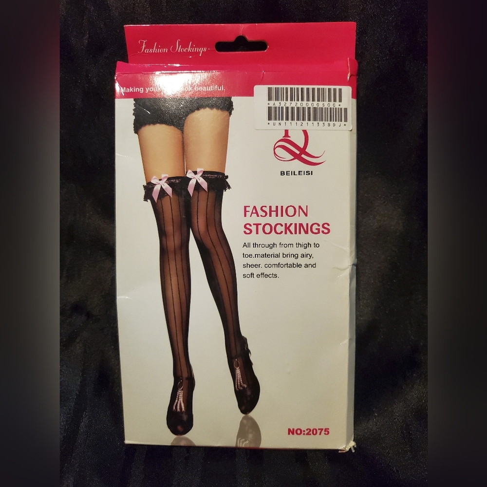 BNIP Black stockings with bow and stripe details One Size Fits All